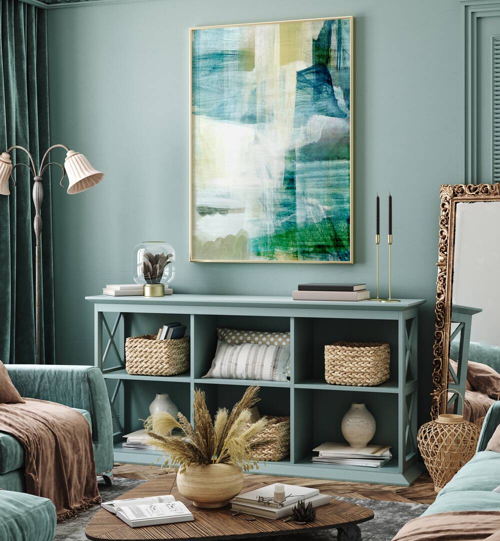 RAIN COLLAGE I, ABSTRACT PAINTINGS showcased in a stylish, modern living room with elegant decor and furnishings.