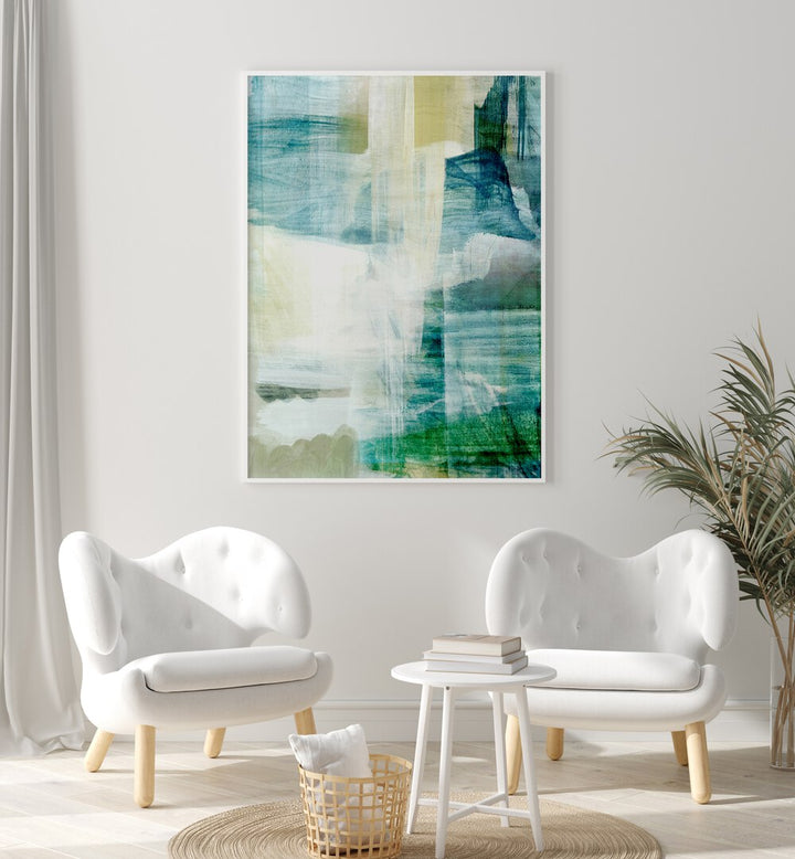 RAIN COLLAGE I, ABSTRACT PAINTINGS displayed in a modern living room, showcasing serene blues and greens.
