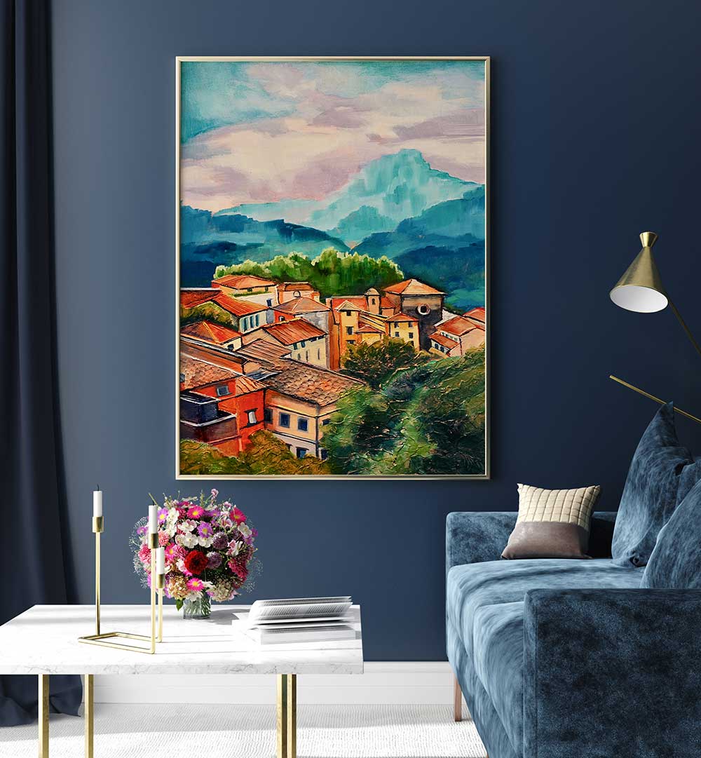 VILLAGE IN THE MOUNTAINS , LANDSCAPE PAINTINGS