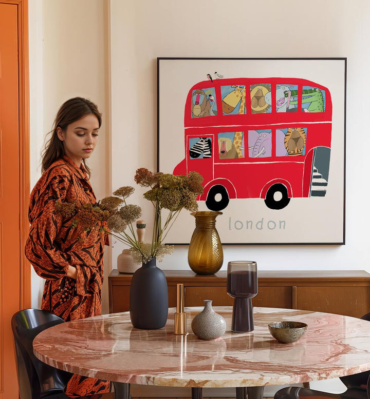 RED LONDON BUS WITH JUNGLE ANIMALS BY CARLA DALY , KIDS ROOM PAINTINGS