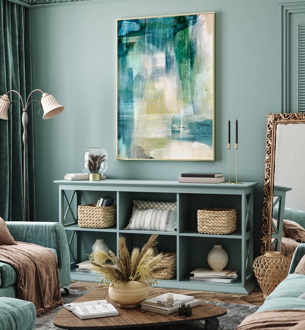 Stylish room featuring RAIN COLLAGE II, ABSTRACT PAINTINGS, enhancing the modern decor with vibrant colors.