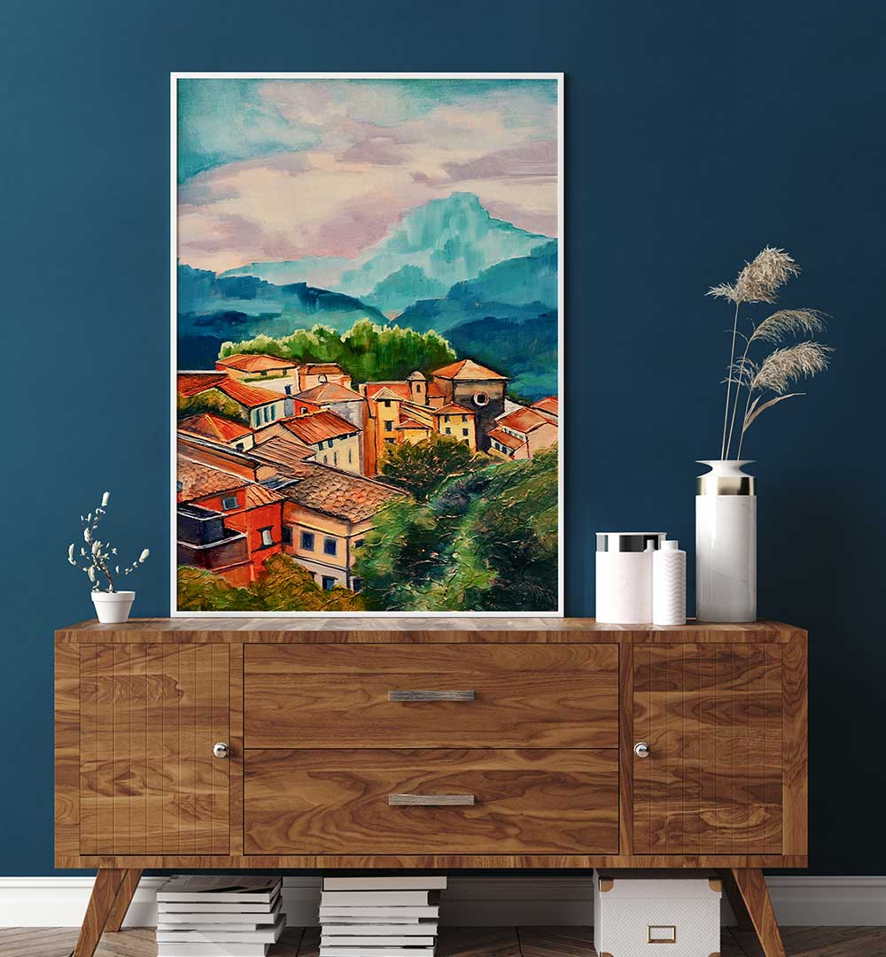 VILLAGE IN THE MOUNTAINS , LANDSCAPE PAINTINGS