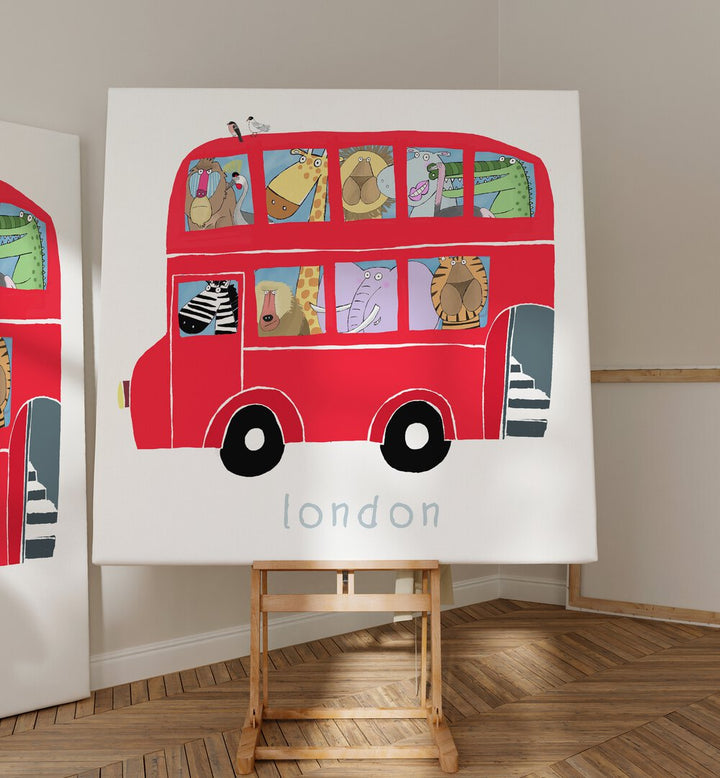 RED LONDON BUS WITH JUNGLE ANIMALS BY CARLA DALY , KIDS ROOM PAINTINGS