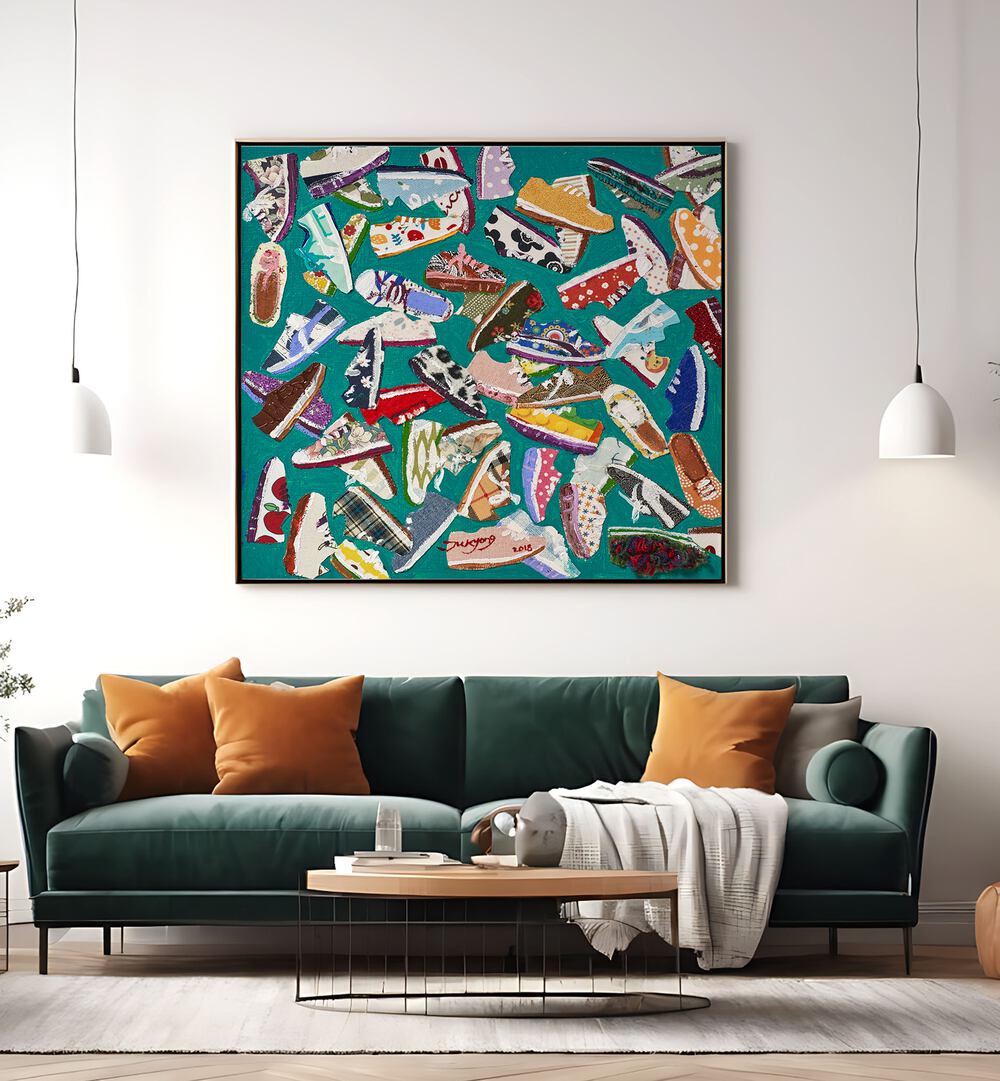 Colorful SHOES , FASHION POSTERS artwork displayed above a stylish green couch, perfect for trendy home decor.