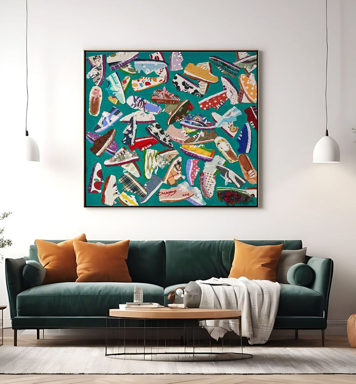 Colorful SHOES , FASHION POSTERS artwork displayed above a stylish green couch, perfect for trendy home decor.