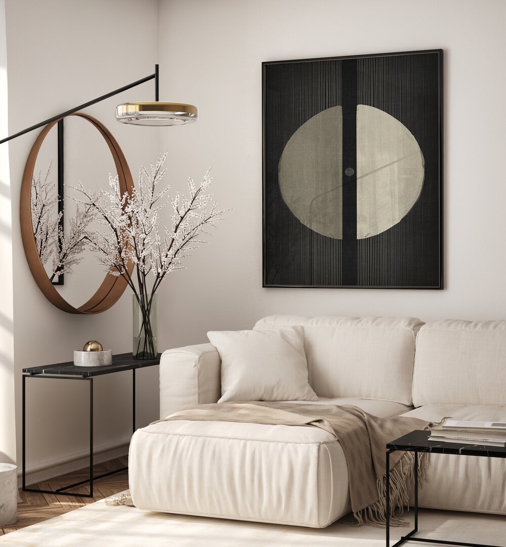 Stylish living room featuring THE DARK UNIVERSE, GEOMETRIC ART PRINTS, showcasing abstract 3D shapes and bold symmetry.