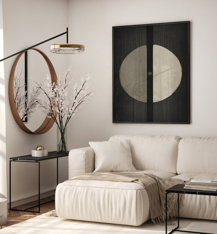 Stylish living room featuring THE DARK UNIVERSE, GEOMETRIC ART PRINTS, showcasing abstract 3D shapes and bold symmetry.