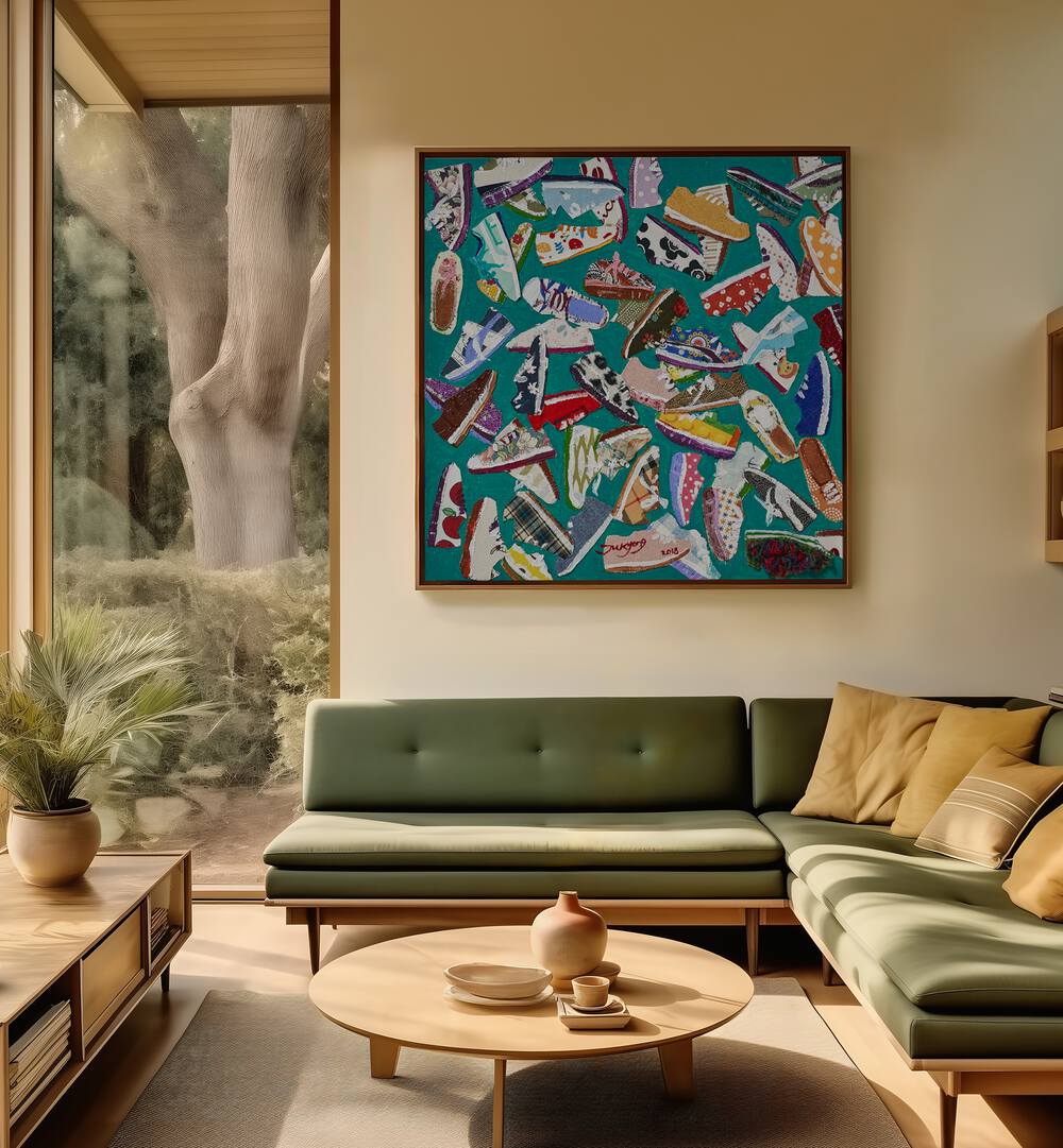 Colorful SHOES, FASHION POSTERS displayed in a stylish living room, enhancing modern interior decor.
