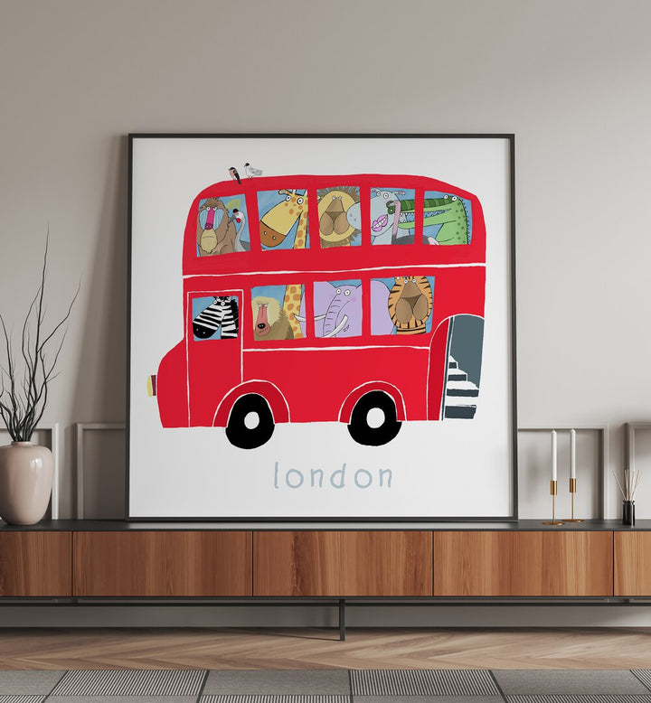 RED LONDON BUS WITH JUNGLE ANIMALS BY CARLA DALY , KIDS ROOM PAINTINGS