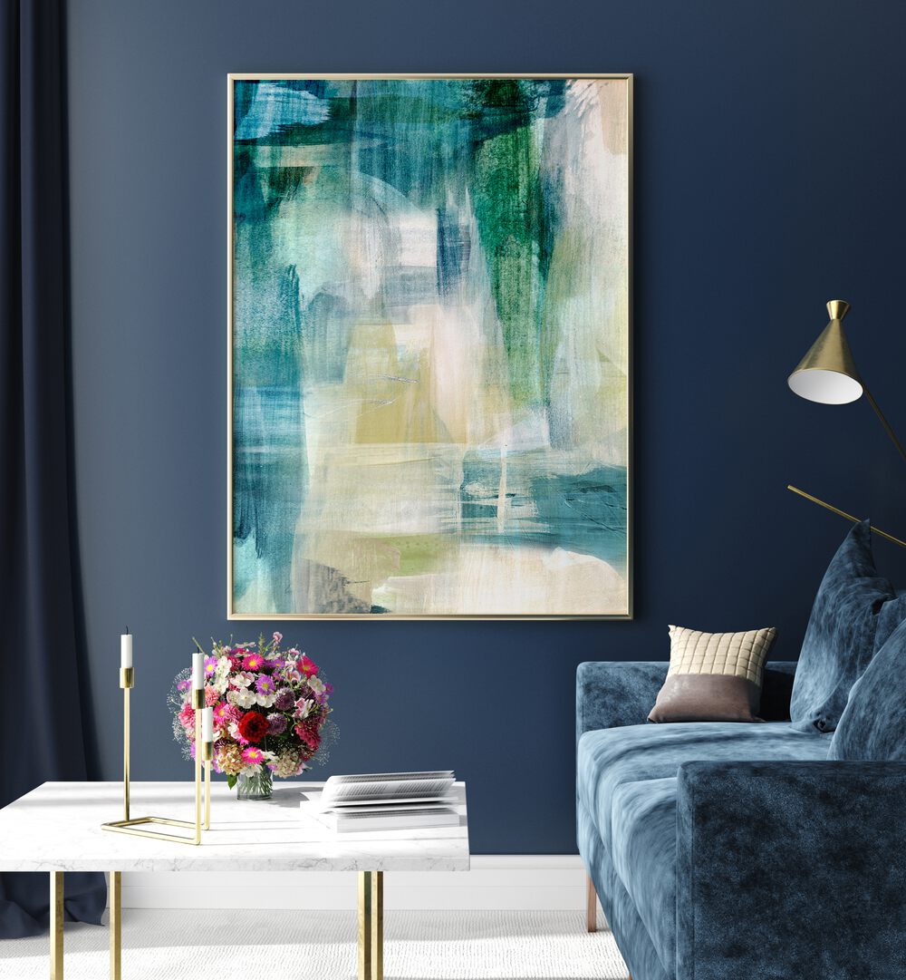 Colorful RAIN COLLAGE II, ABSTRACT PAINTINGS adorns a modern living room with elegant decor and floral accents.