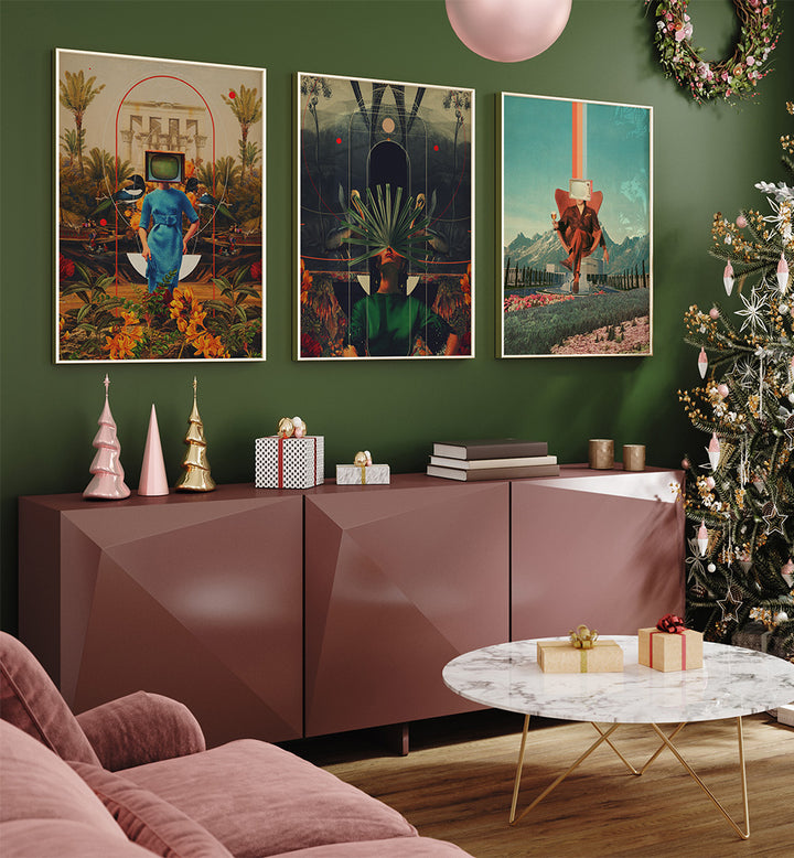 Living room with green walls, decorative posters, a pink sideboard, and a Christmas tree.