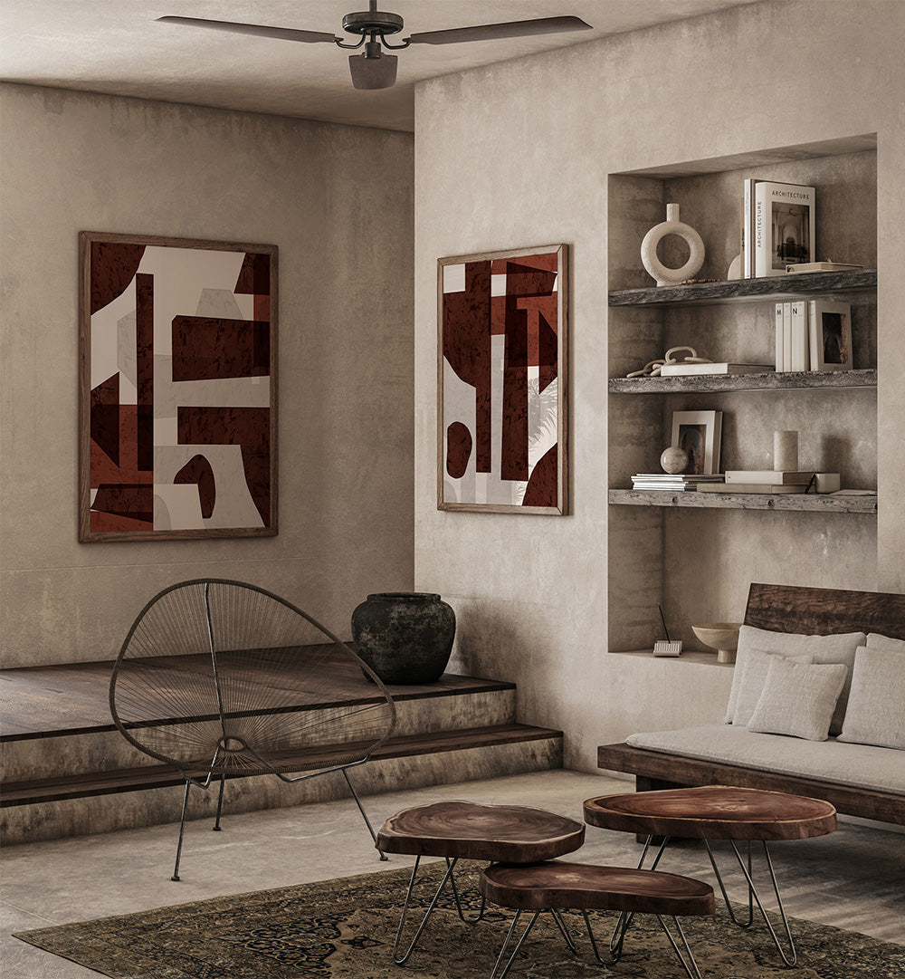 Modern living room with abstract art, a sofa, and wooden tables.