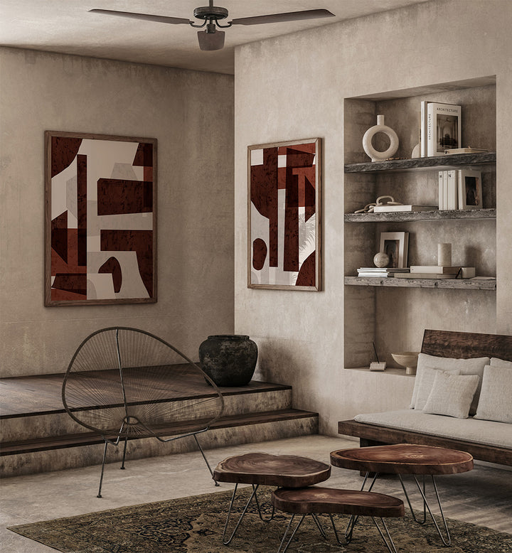 Modern living room with abstract art, a sofa, and wooden tables.