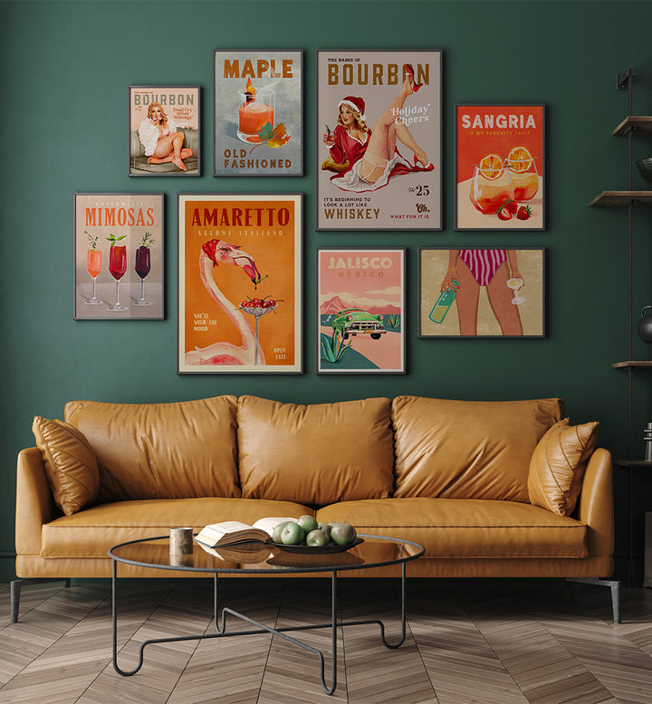 Living room with a brown leather sofa and decorative wall art featuring vintage cocktail posters.