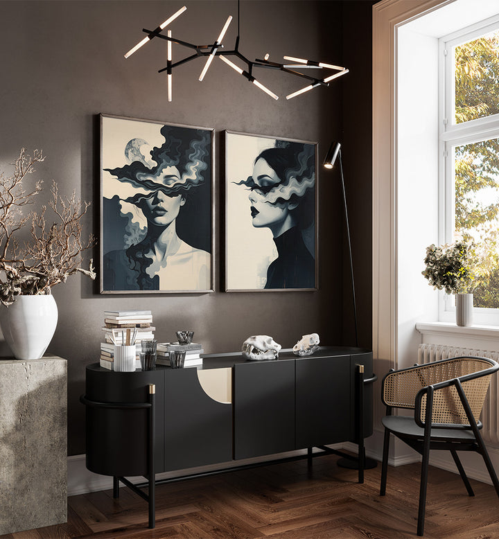 Modern interior with abstract art, black furniture, and decorative elements.