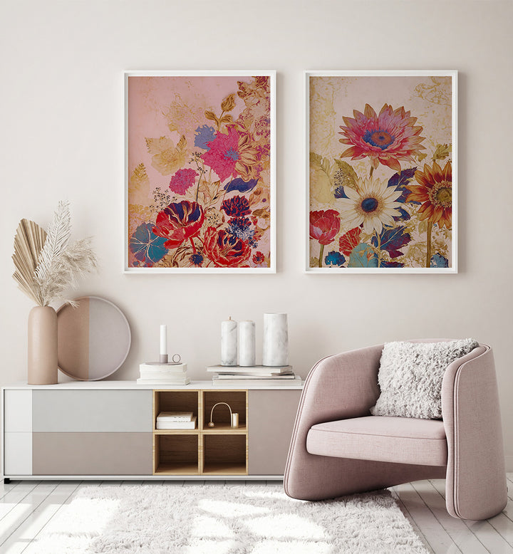 Modern living room with floral artwork, a pink armchair, and a sideboard.