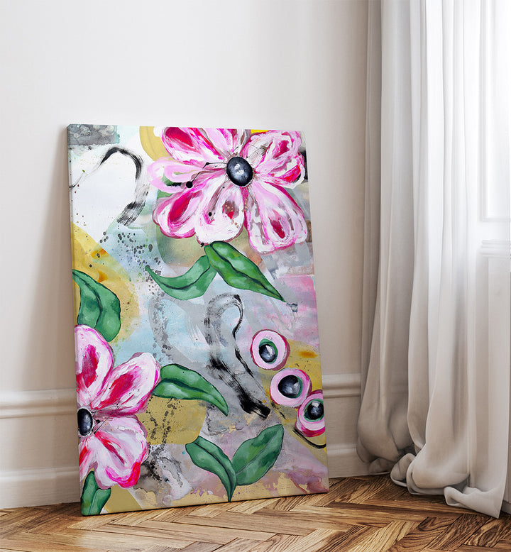 VIBRANT PINK FLOWERS AND GREEN LEAVES , FLORAL FLOWER PAINTINGS