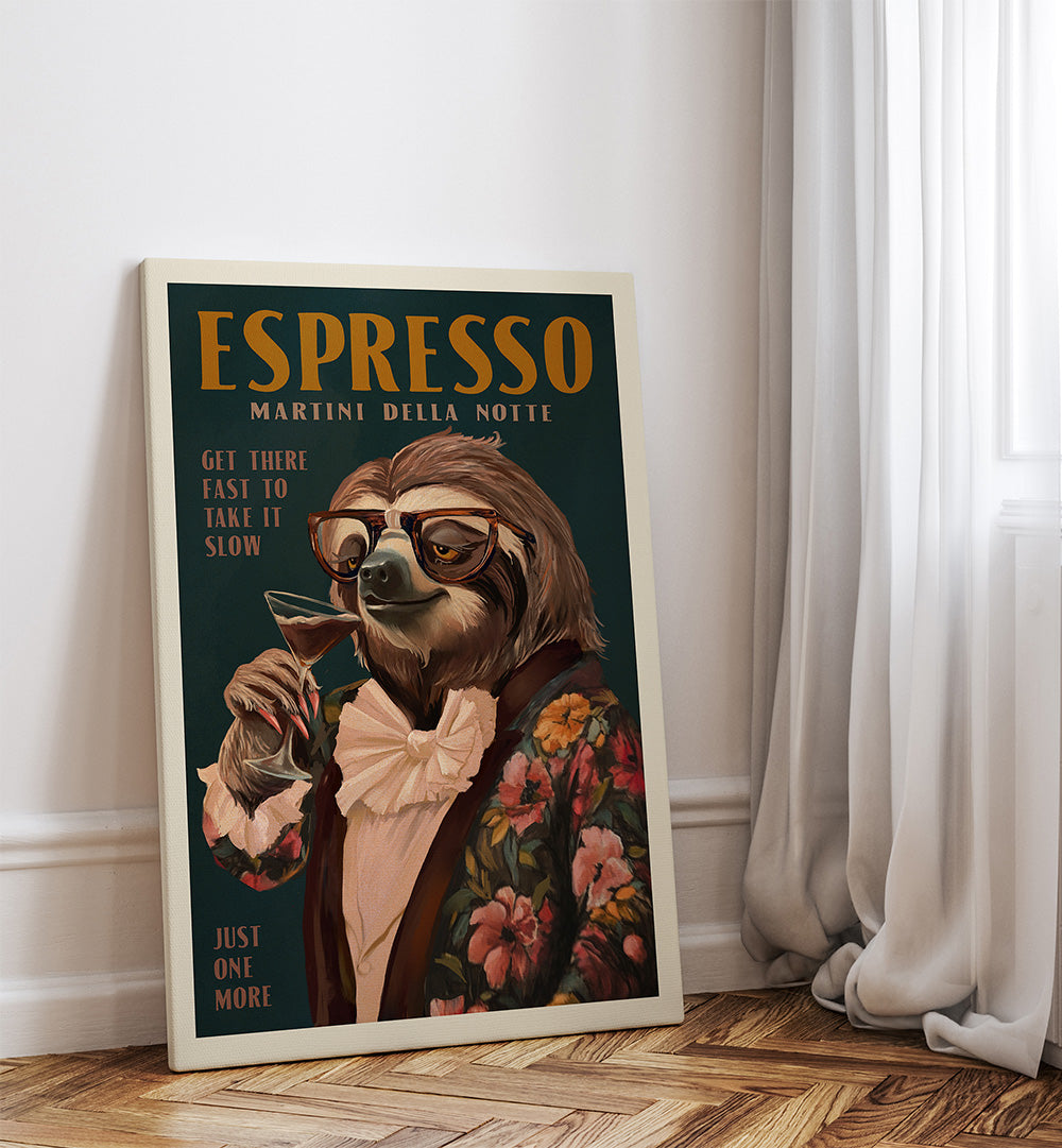 ESPRESSO MARTINI DRINKING SLOTH , BAR & CAFE ART