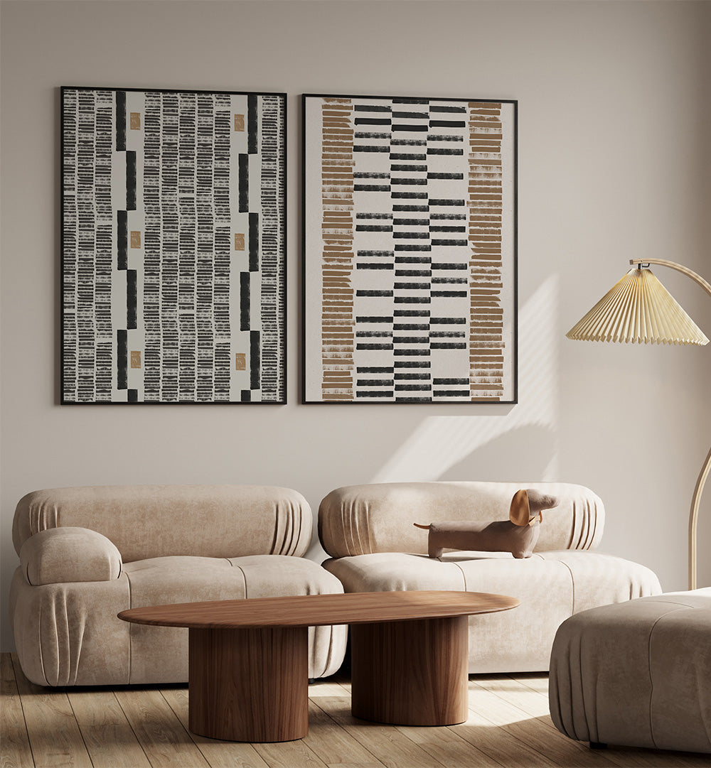 Modern living room with beige sofa, wooden coffee table, and abstract wall art.