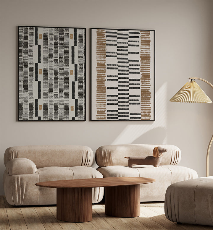 Modern living room with beige sofa, wooden coffee table, and abstract wall art.
