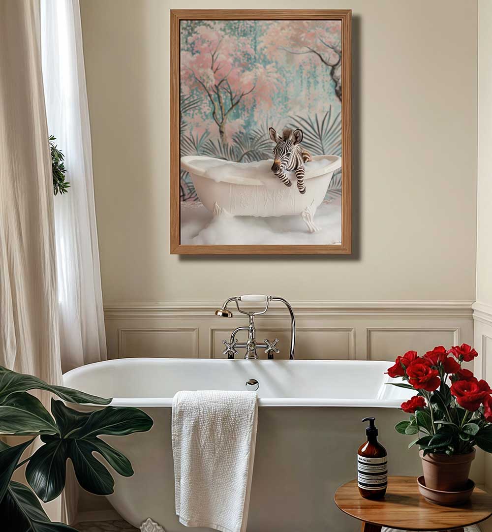 BUBBLY ZEBRA DELIGHT , BATHROOM ART PRINTS