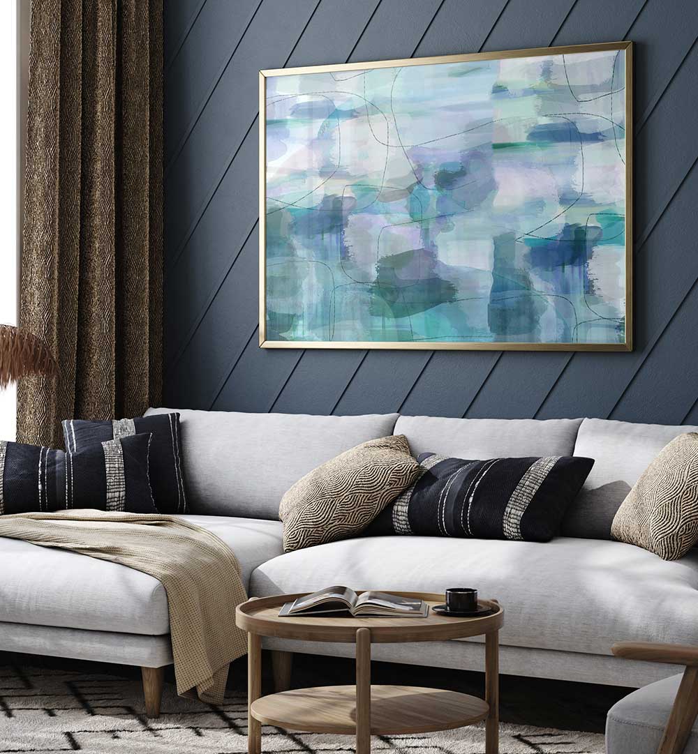 AQUARELLE BLUES II, ABSTRACT PAINTINGS, adds vibrant elegance to modern interiors with its captivating colors.