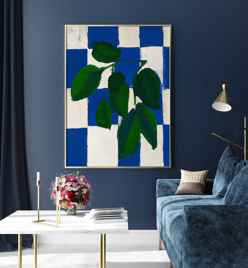 Checkered Greenery Kitchen Posters featuring bold green leaves on blue and white checkered background for stylish kitchen decor.