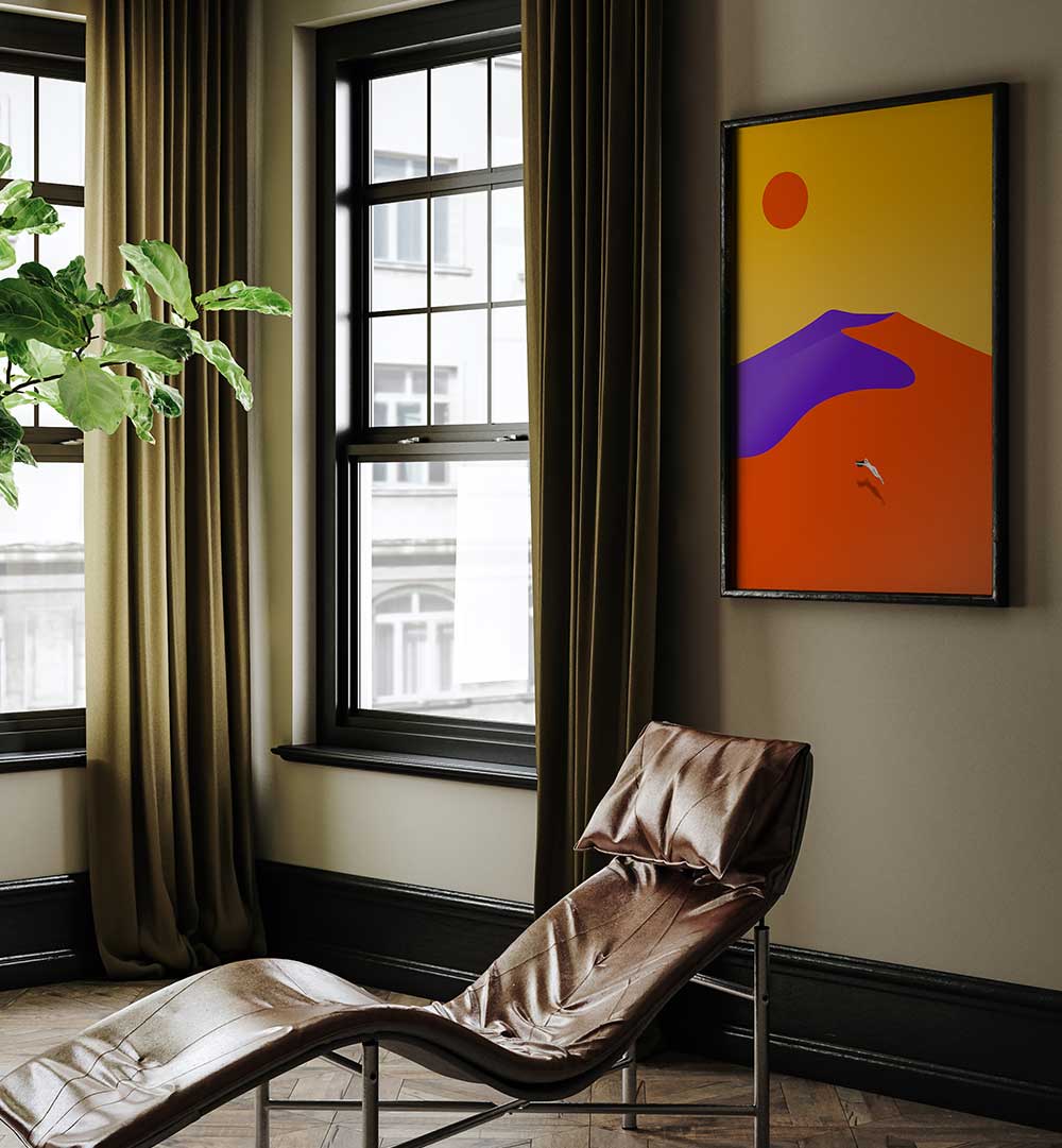 Stylish interior with FLOATING, LANDSCAPE PAINTINGS framed on the wall beside a modern lounge chair and plants.