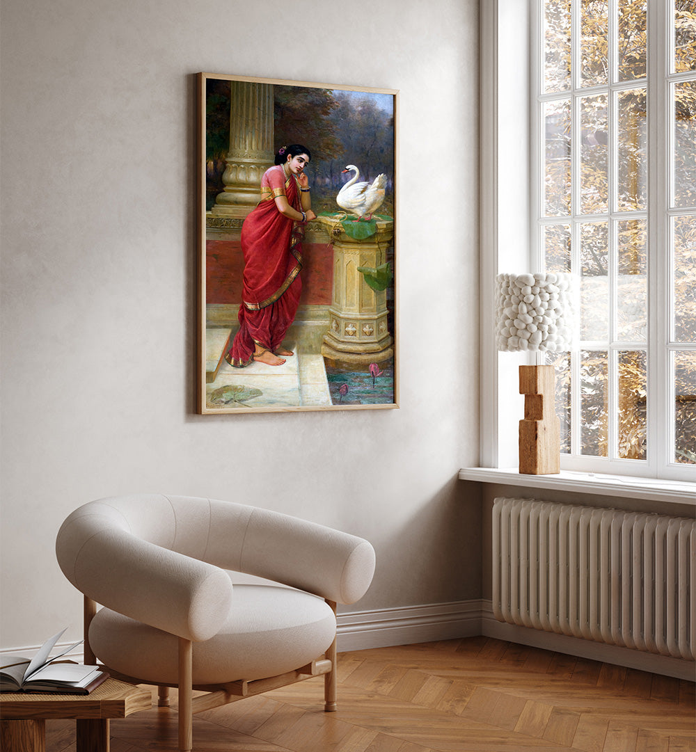 RAVI VARMA PRINCESS DAMAYANTHI TALKING WITH ROYAL SWAN ABOUT NALA , INDIAN ART PAINTINGS