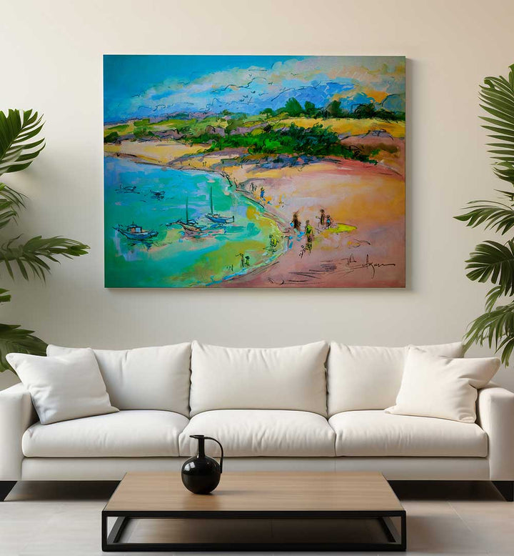 COASTAL SERENITY , LANDSCAPE PAINTINGS – vibrant coastal beach painting with boats and pastel sky over living room sofa