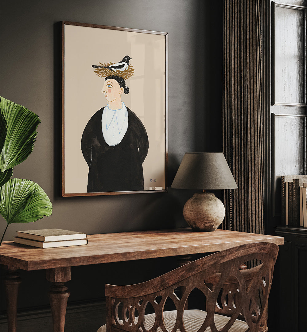 WOMAN WITH MAGPIE , PORTRAITS & FIGURATIVE ILLUSTRATIONS