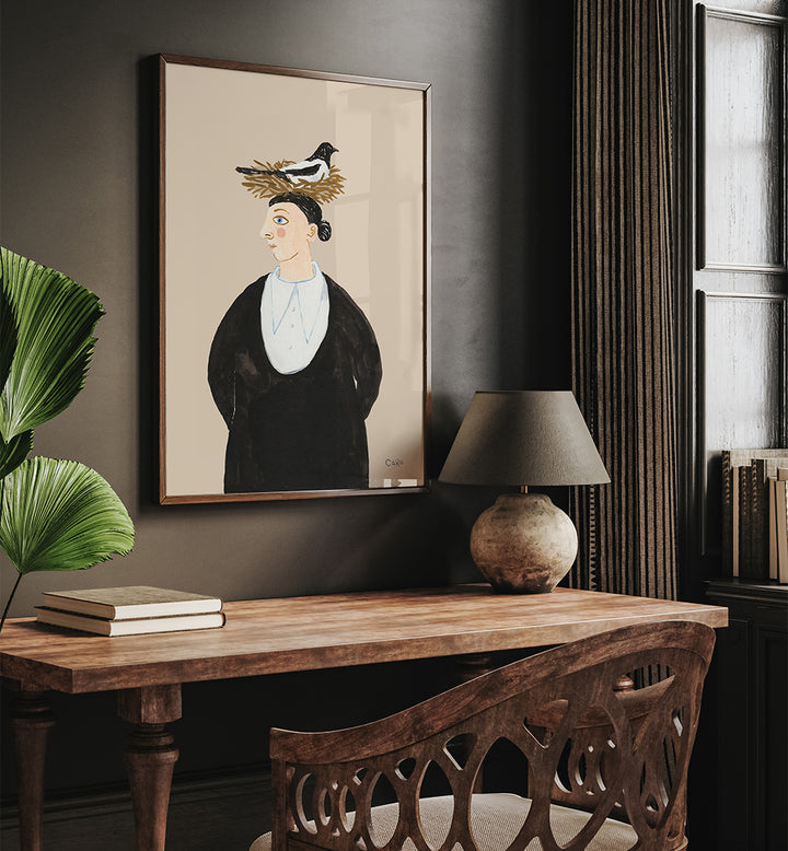 WOMAN WITH MAGPIE , PORTRAITS & FIGURATIVE ILLUSTRATIONS