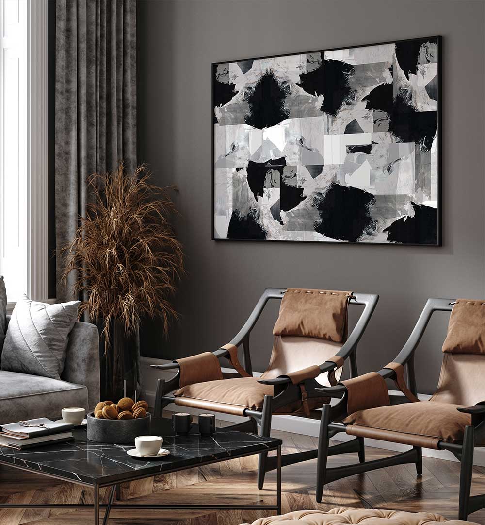 Elegant living room featuring GENTLE NIGHT, ABSTRACT PAINTINGS, enhancing the space with artistic flair and emotion.