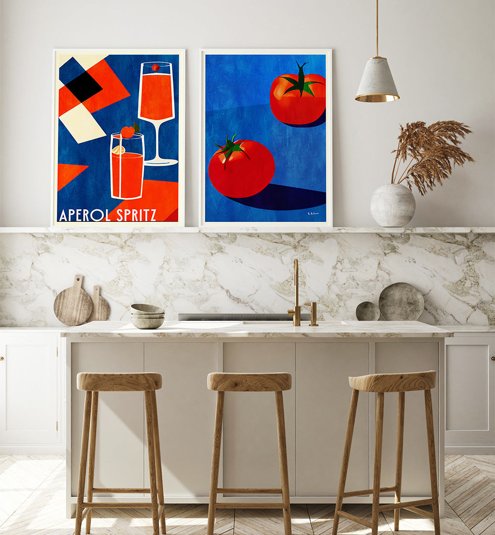 Modern kitchen with abstract art prints on the wall