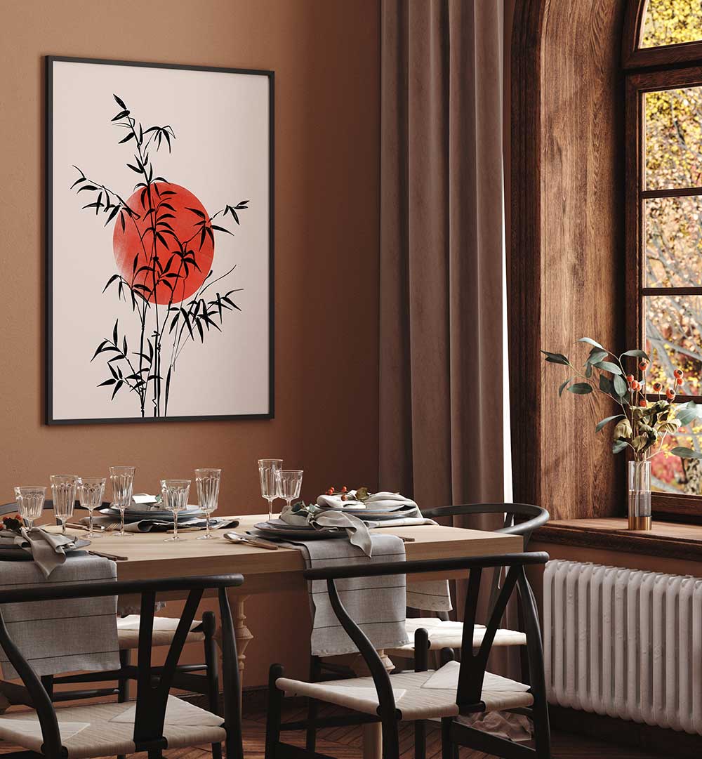 BAMBOO WITH RED SUN , LANDSCAPE PAINTINGS
