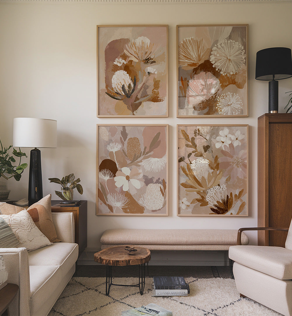 Living room with floral wall art and modern furniture