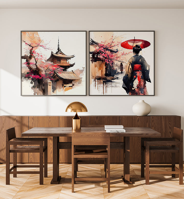 Dining room with wooden table and chairs, featuring two framed artworks on the wall.