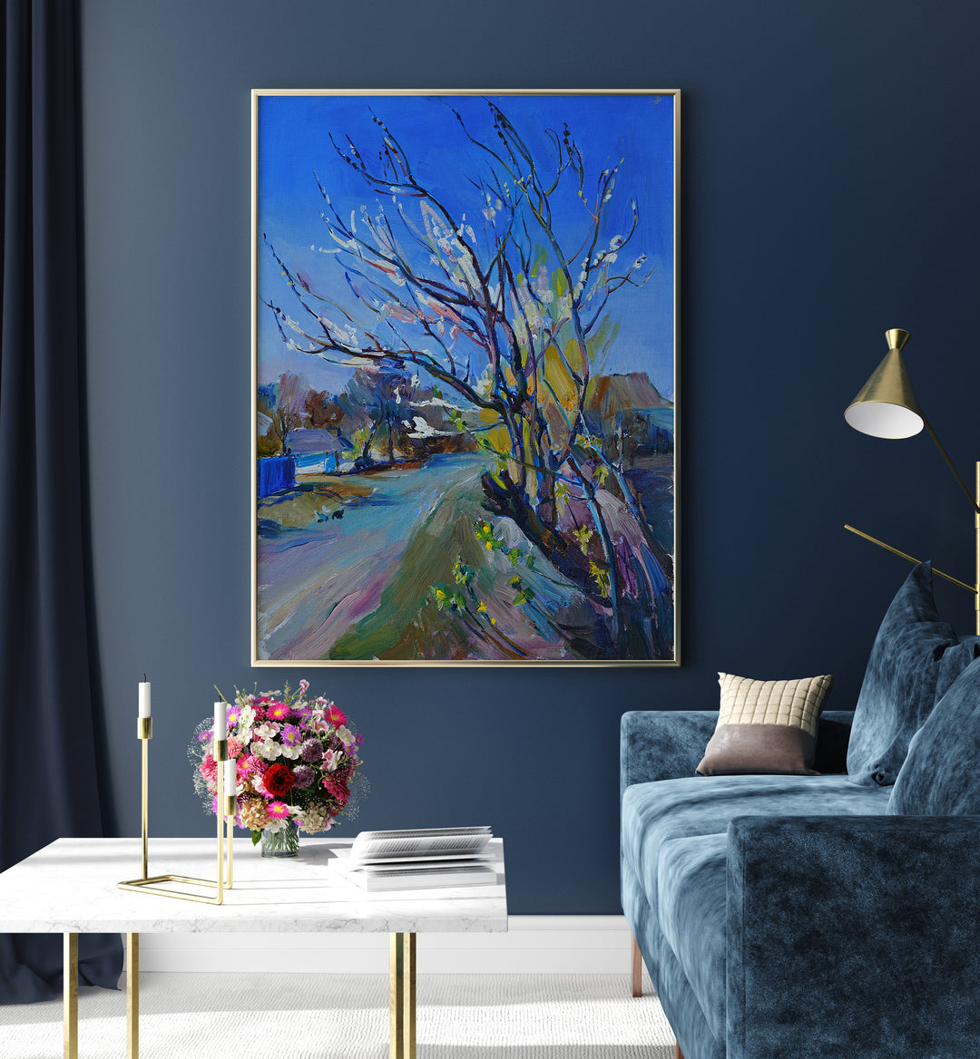 Vibrant BLOOMING APRICOT, LANDSCAPE PAINTINGS enhancing this stylish living space with floral hues and artistic flair.