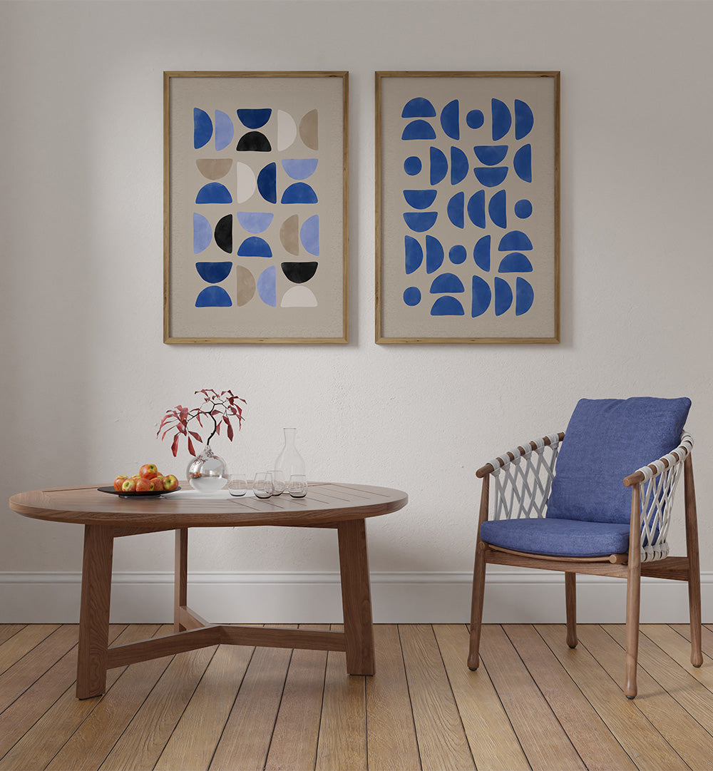 Living room with wooden table, chair, and abstract wall art