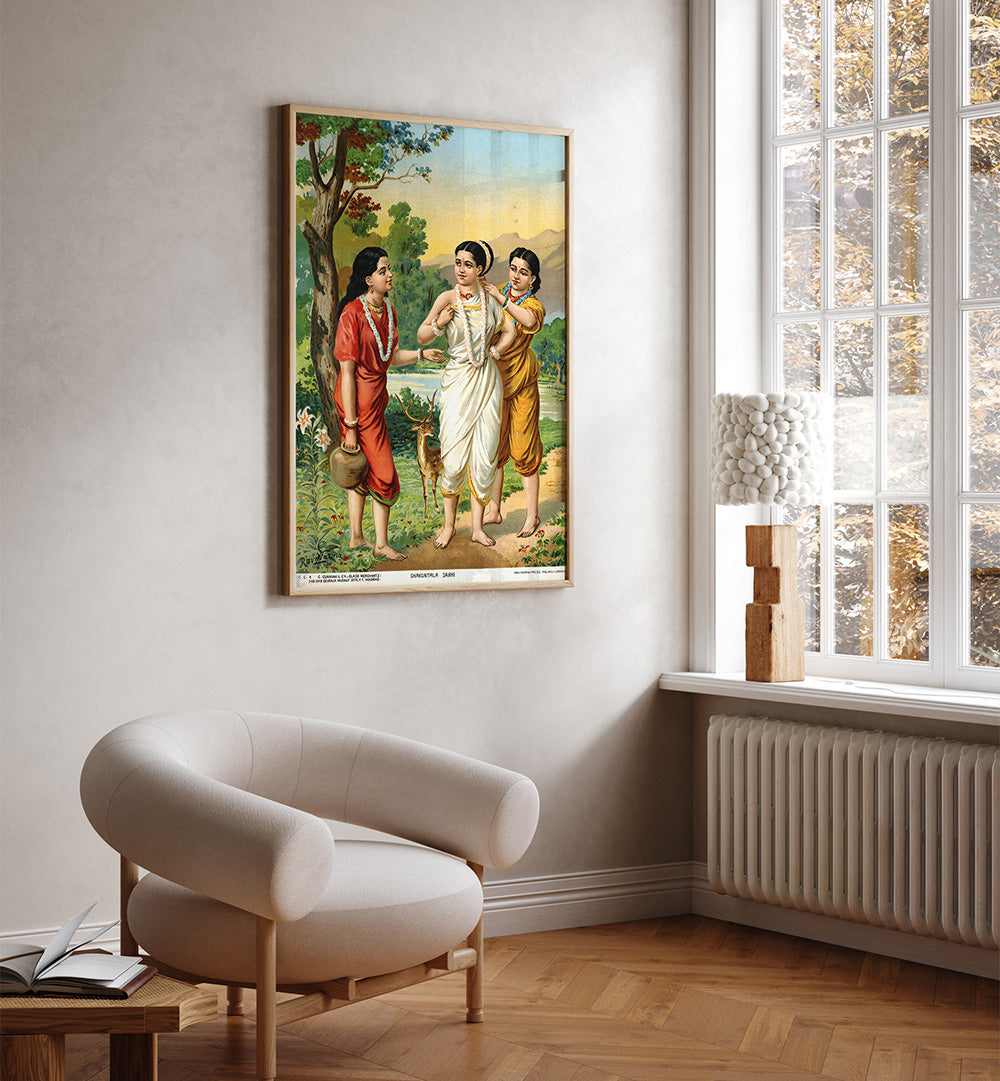 SHAKUNTALA AND SAKHIS , INDIAN ART PAINTINGS