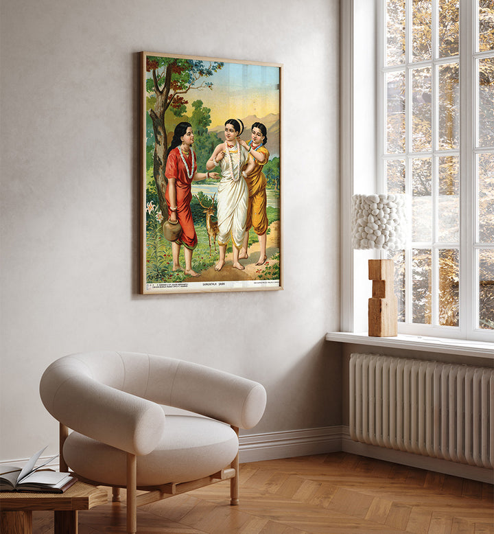 SHAKUNTALA AND SAKHIS , INDIAN ART PAINTINGS