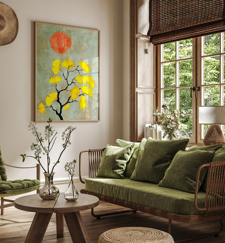 GINKO BILOBA AND SUN , FLORAL ,FLORAL FLOWER PAINTINGS