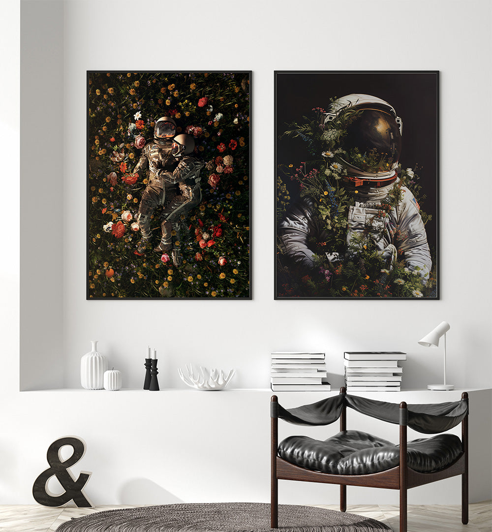 Two framed artworks of an astronaut and a child among flowers on a wall above a dining table.