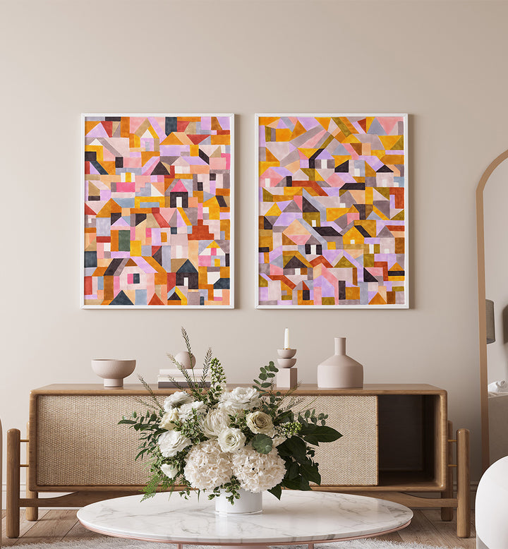 COLOURFUL RETRO GEO ABSTRACT , SET OF 2 PAINTINGS