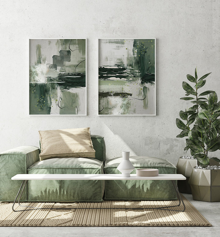 Modern living room with abstract art, green sofa, and decorative plants.