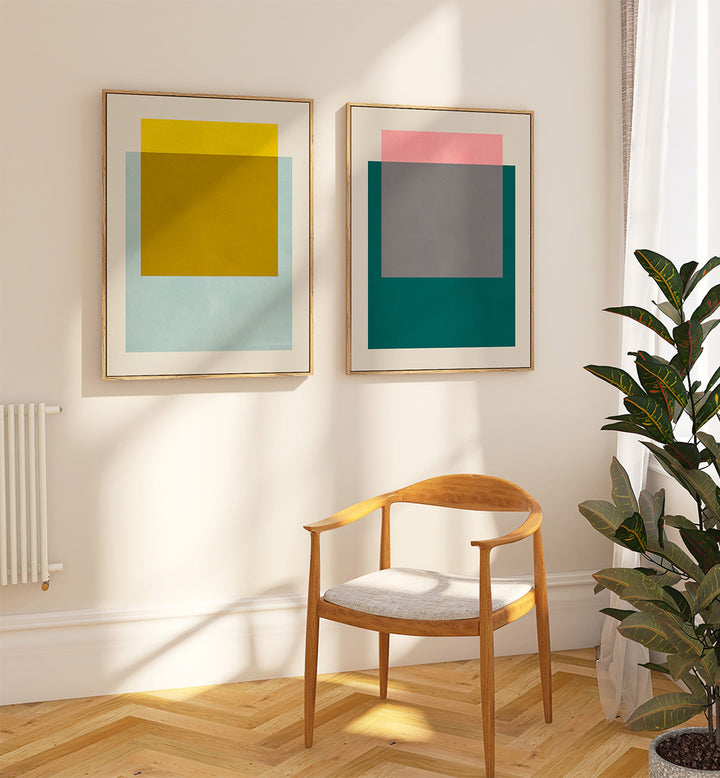 Modern interior with abstract art on the wall, a wooden chair, and a plant.