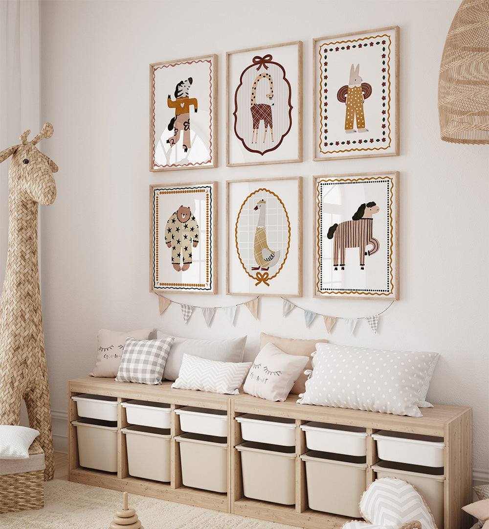 Children's room with wooden storage unit, giraffe toy, and framed animal prints on the wall.