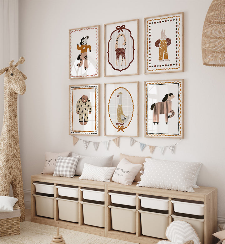 Children's room with wooden storage unit, giraffe toy, and framed animal prints on the wall.