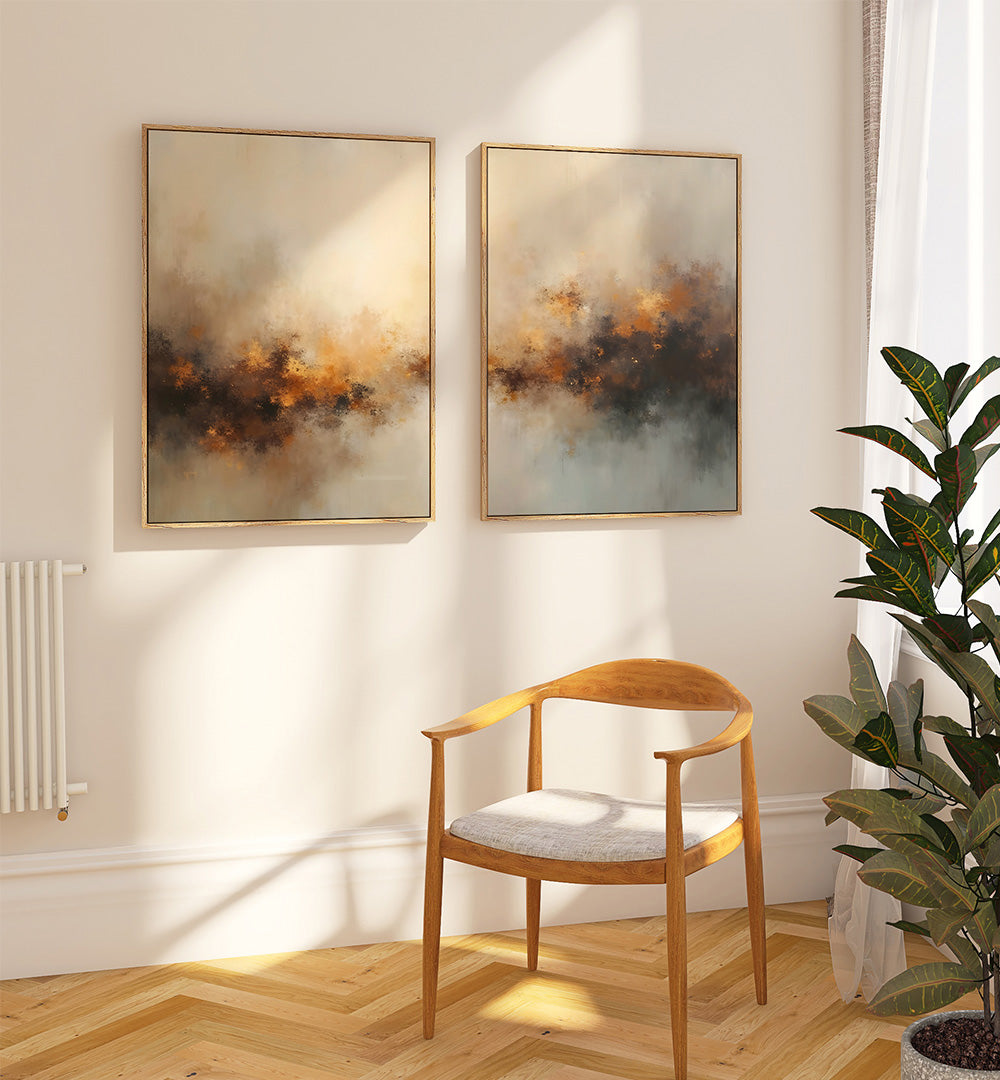 Wooden chair with a cushion in a room with abstract paintings on the wall and a plant.