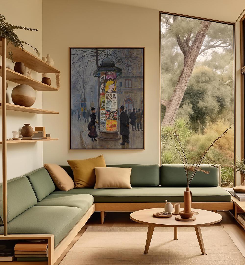 Punk Concerts, Altered Art Prints by Dikhotomy adorn a stylish living room, showcasing vibrant punk culture.